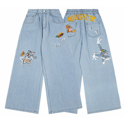 Striped embroidered jeans straight leg pants