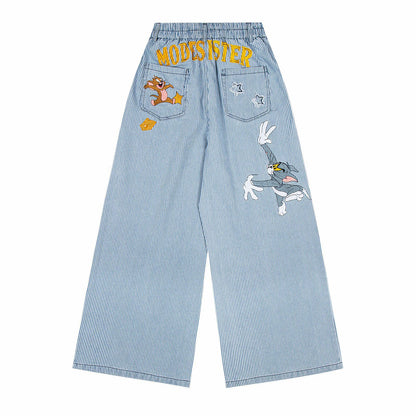 Striped embroidered jeans straight leg pants